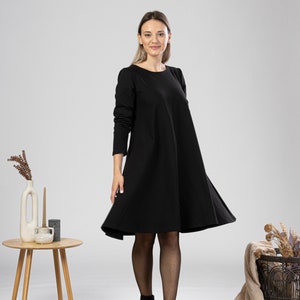 Plus Size Midi Dress, Minimal Cotton Tunic Dress, Solid Black Dress with Pockets, Petite Clothing, Elegant Evening Dress, Oversized Dress image 8