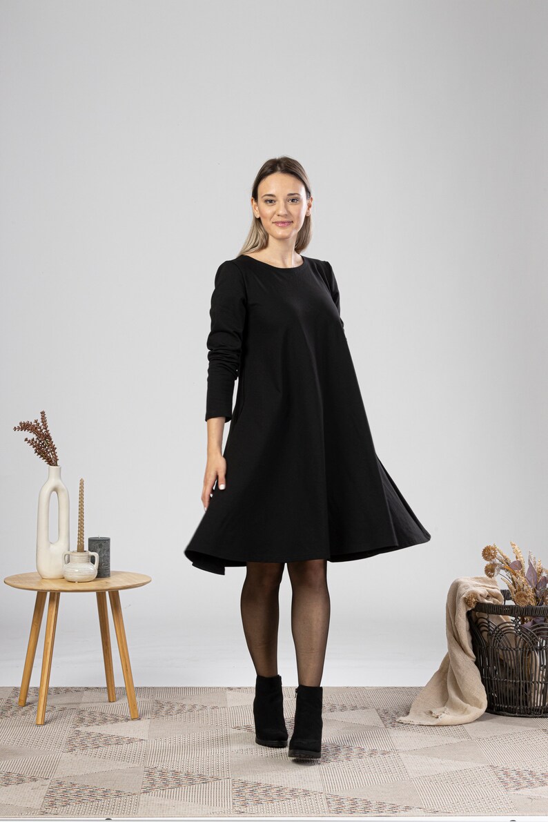 Plus Size Midi Dress, Minimal Cotton Tunic Dress, Solid Black Dress with Pockets, Petite Clothing, Elegant Evening Dress, Oversized Dress image 8