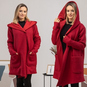 Boiled Wool Cardigan, Plus Size Hooded Coatigan, Woolen Fairy Buttons Cardigan, Oversized Asymmetric Jacket Cardigan with Hood