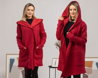 Cárdigan de lana hervida, abrigo-cárdigan con capucha de talla grande, cárdigan de lana con botones de hadas, cárdigan-chaqueta asimétrica extragrande con capucha.