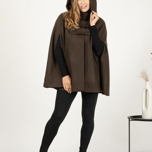 Hooded Cape Coat with Pockets, Winter Poncho Cloak, Plus Size Clothing, Short Cape Wool Mix Cloak, Poncho Jacket, Elegant Petite Swing Cape Brown