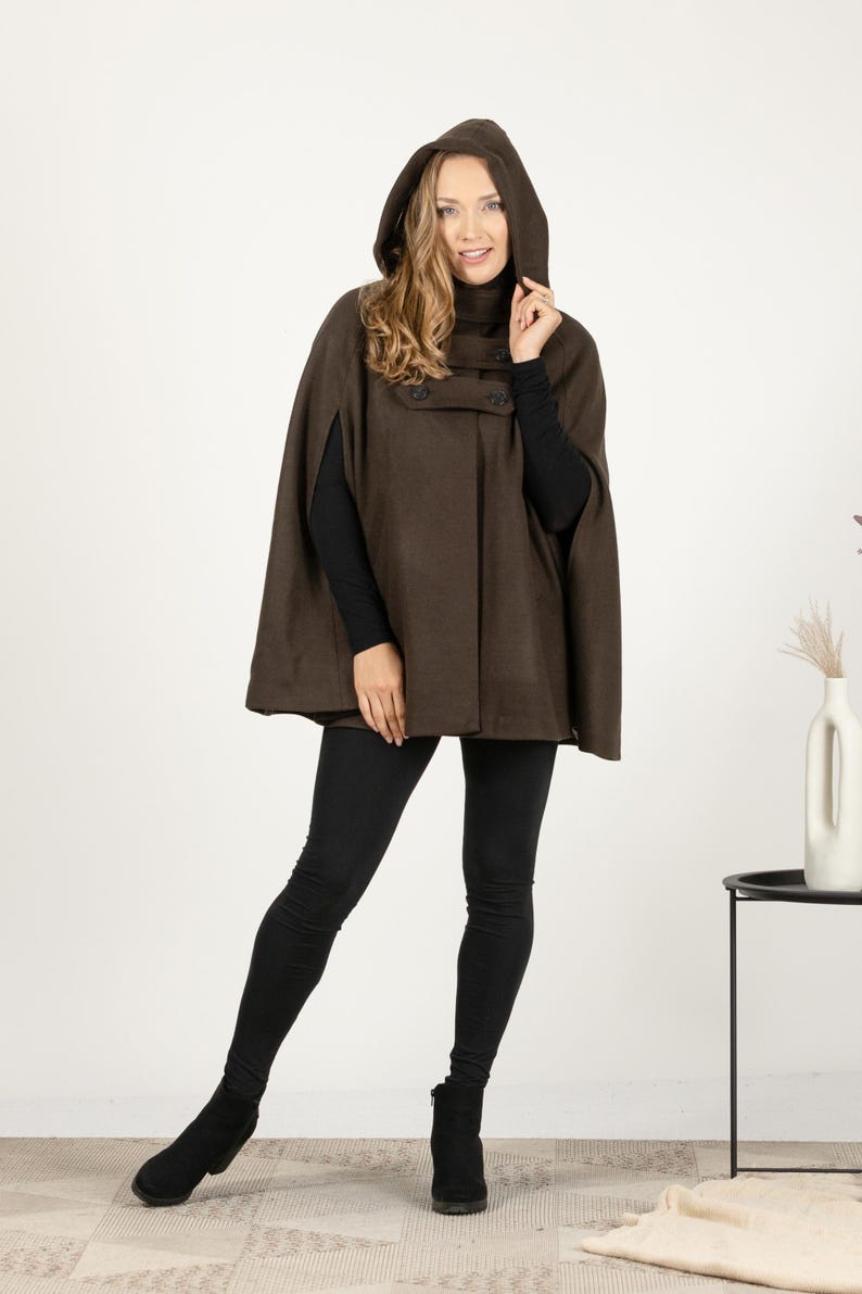 Hooded Cape Coat with Pockets, Winter Poncho Cloak, Plus Size Clothing, Short Cape Wool Mix Cloak, Poncho Jacket, Elegant Petite Swing Cape Brown