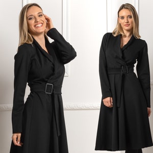 Formal 1950s Style Circle Dress, Winter Black Ladies Dress, Elegant A-Line Dress, Simple Classic Midi Dress, Plus Size Petite Black Dress
