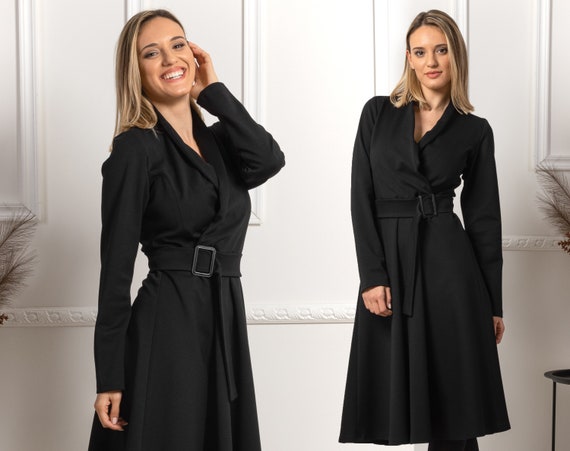 Formal 1950s Style Circle Dress, Winter Black Ladies Dress, Elegant A-line Dress, Simple Classic Midi Dress, Plus Size Petite Black Dress