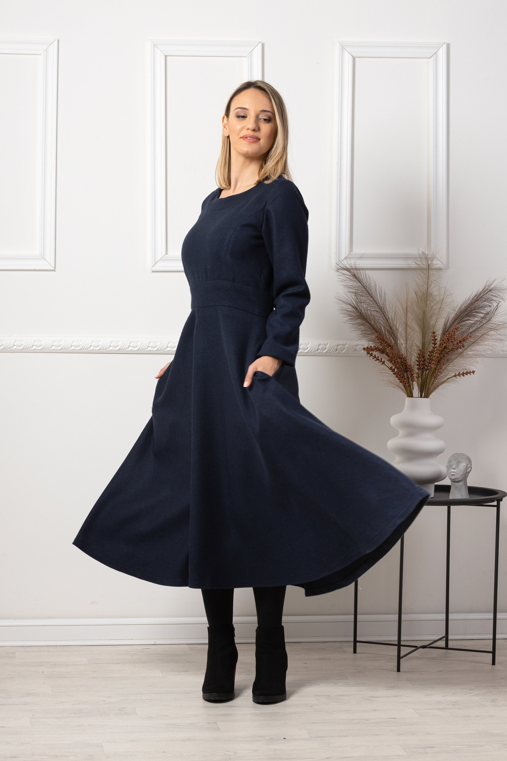 A-Line Modest Dress with Pockets, Elegant Wool Midi Dress, Casual Petite Navy Dress, 50s Style Circle Swing Dress, Patina Blue Dress