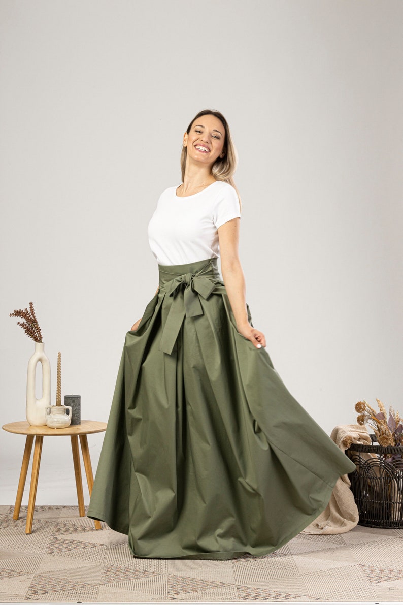 Fit and Flare Summer Cotton Skirt, Military Green High Rise Skirt, Formal Bow Tie Sash Skirt, Maxi Pleated Plus Size Edwardian Style Skirt Sage Green