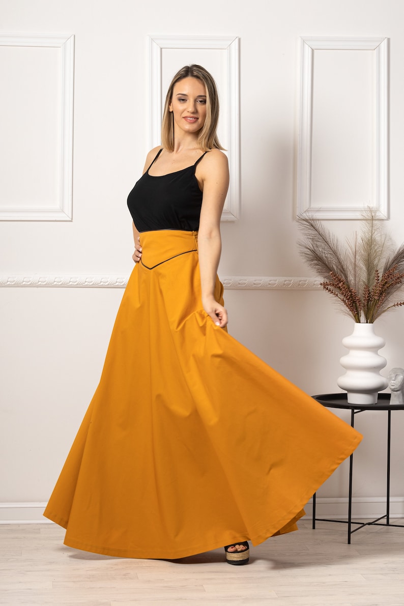 Victorian Walking Skirt, Edwardian Cotton Yellow Skirt, Waistband Long Skirt, Plus Size Gothic Flare Skirt, Steampunk Maxi High Waist image 3