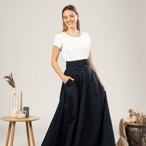 Victorian Walking Skirt, Edwardian Cotton Yellow Skirt, Waistband Long Skirt, Plus Size Gothic Flare Skirt, Steampunk Maxi High Waist Dark Blue