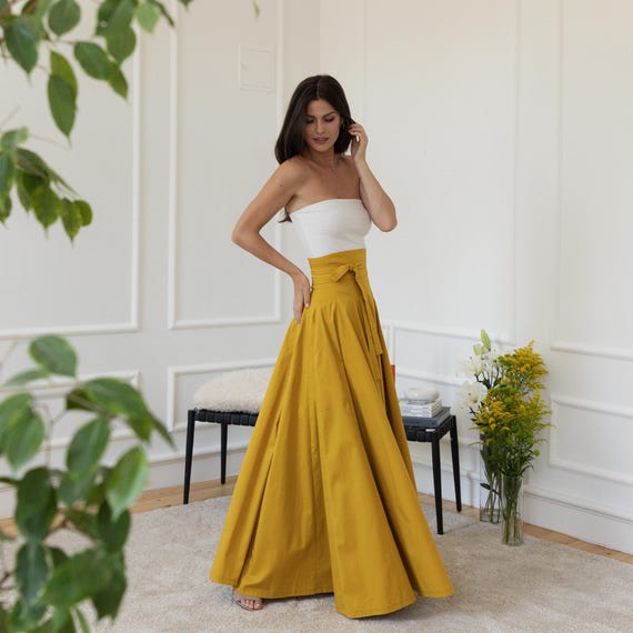 high waist skirt dress Maxi Cotton Mustard Skirt, Ultra Skirt, Wide Belt Skirt, Edwardian Walking Skirt, Broomstick Summer Skirt, Wedding Guest high waisted skirt