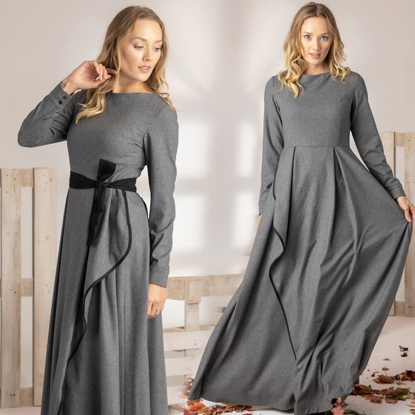 Elegantes Abendkleid, Plus Size Formales Maxi-Kleid, Winter-Wrap-Wollkleid, langes bescheidenes romantisches Kleid, ausgestelltes bodenlanges A-Linien-Kleid