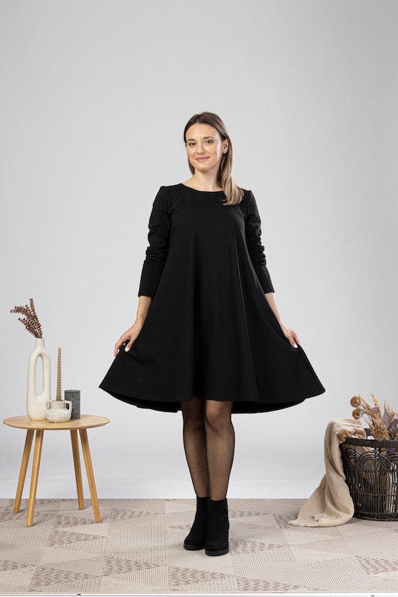 Plus Size Midi Dress Minimal Cotton Tunic Dress Solid Black