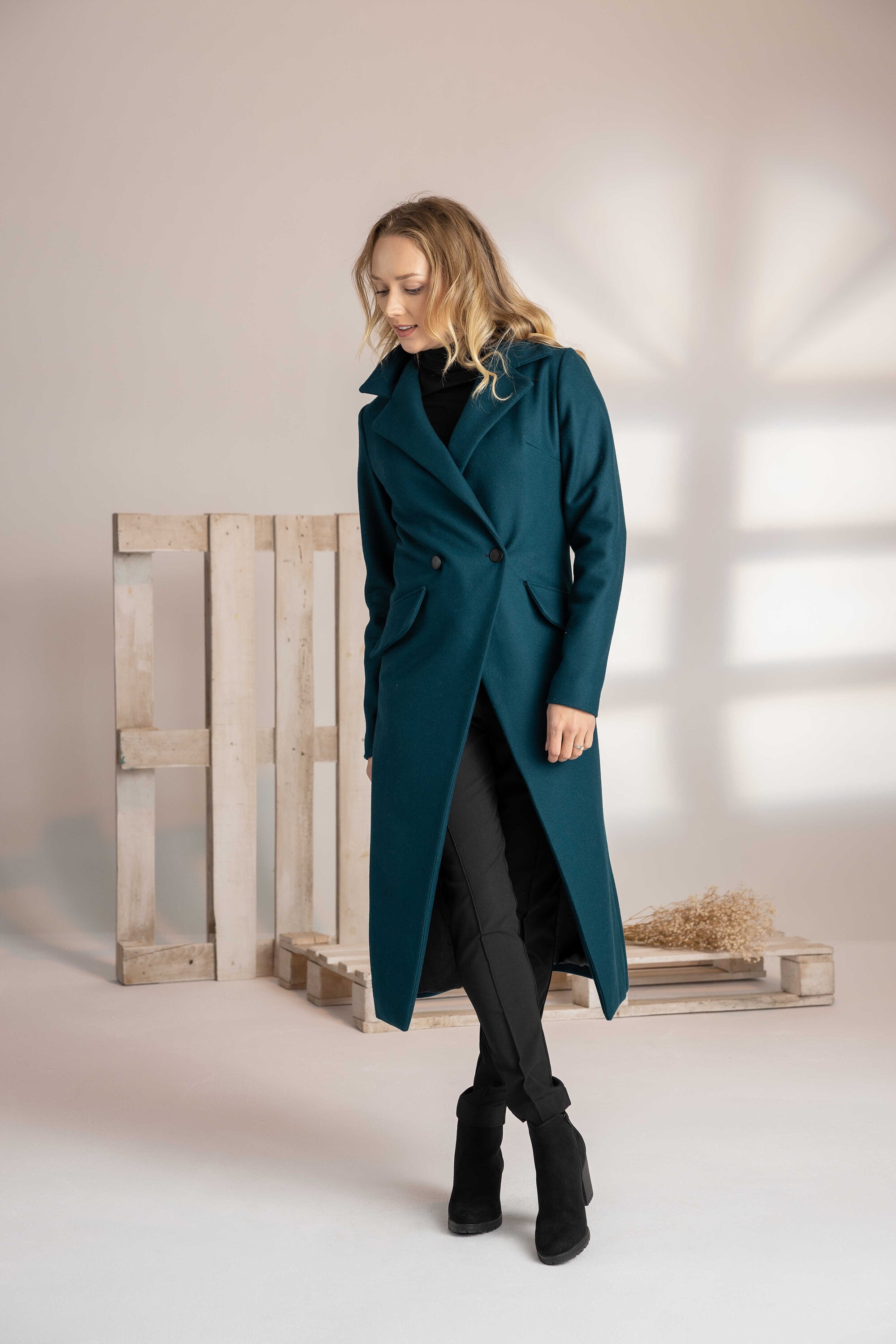 Winter Wool Coat Teal Wool Coat Oversize Coat Elegant Coat Etsy