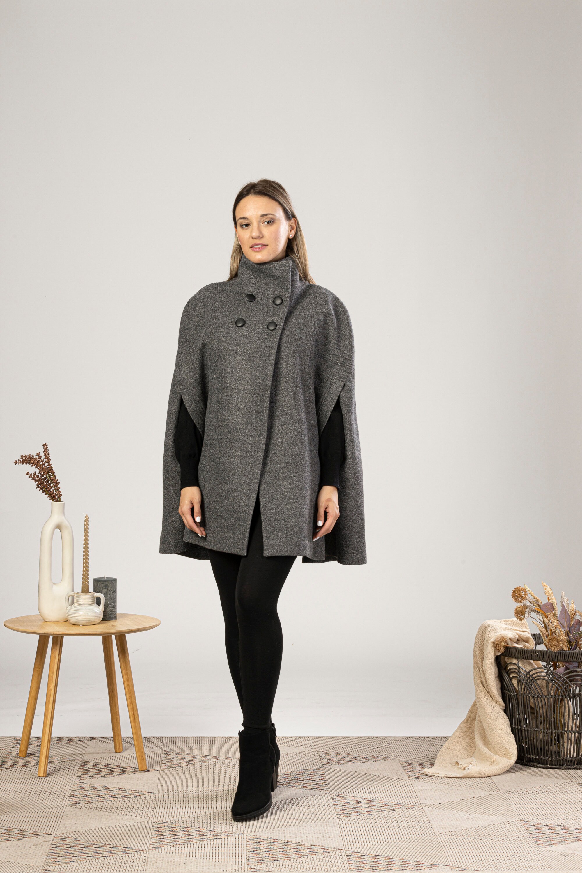 Midi Sleeveless Wool Cape Coat, Flare Pea Coat Poncho