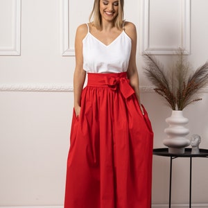 Long Red Formal Skirt With Tie Belt Maxi Cotton Wrap Skirt - Etsy