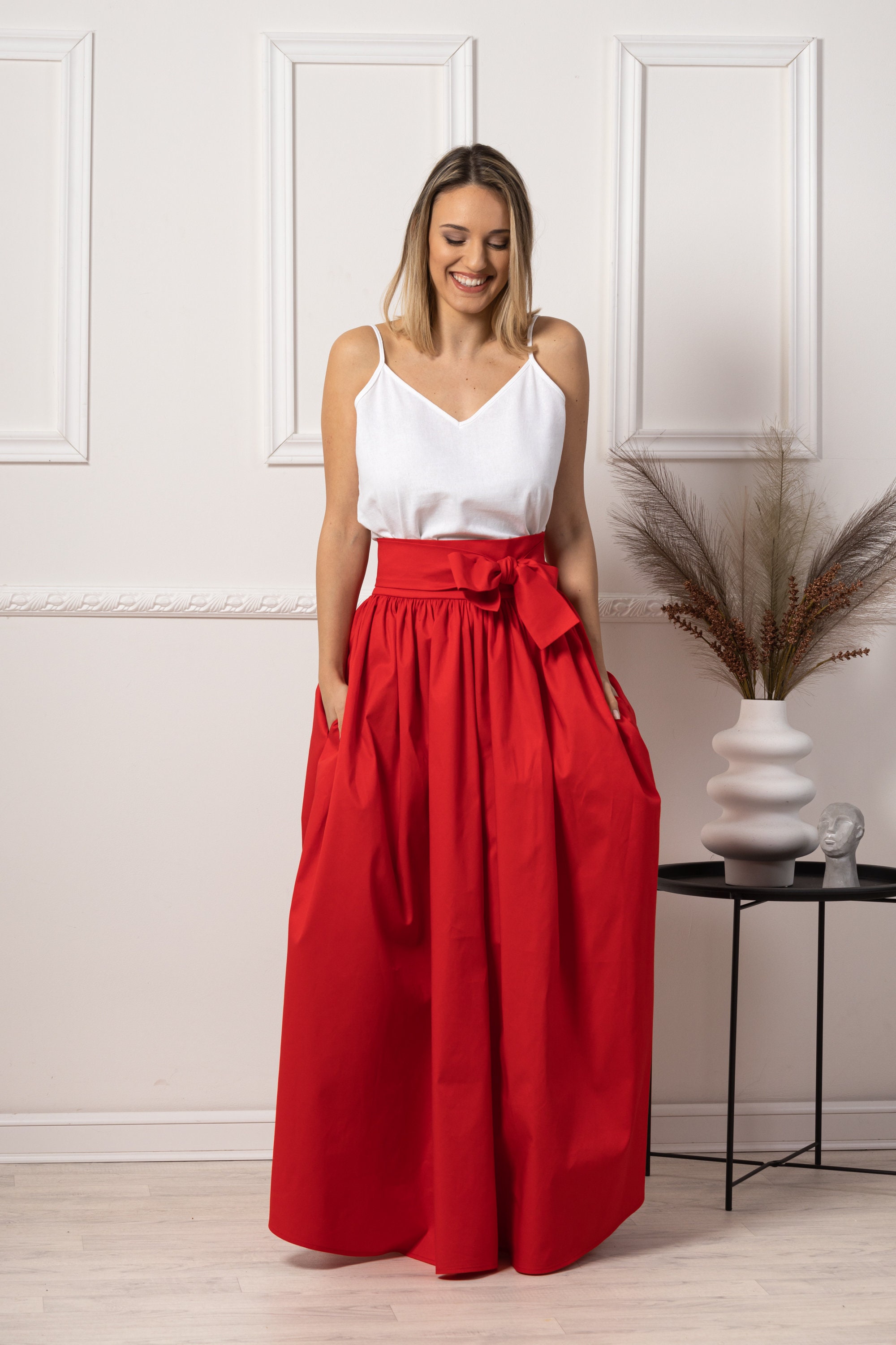 Red Maxi Cotton Skirt Long Flared Skirt with Bow Plus Sizes Clothing 1940s Inspired Elegant Skirt Full High Waisted Formal Flowy Skirt