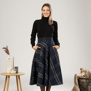 Tartan Wool Midi Skirt, High Waist Plaid Skirt, Plus Size Winter Skirt, Check Bell Circle Skirt, Wool Walking Skirt, 1940s Style Skirt image 2