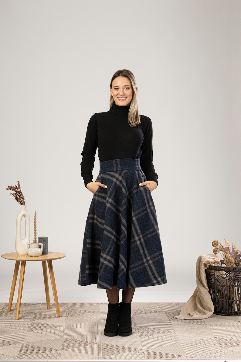 Tartan Wool Midi Skirt, High Waist Plaid Skirt, Plus Size Winter Skirt, Check Bell Circle Skirt, Wool Walking Skirt, 1940s Style Skirt image 2