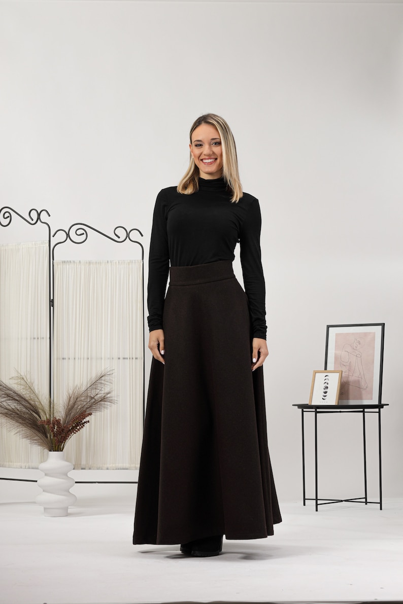 Edwardian-Inspired Soft Wool Ankle Length Skirt, Maxi Waistline Grace Skirt, Black Walking Pockets Skirt, Winter A Line Plus Size Skirt image 4