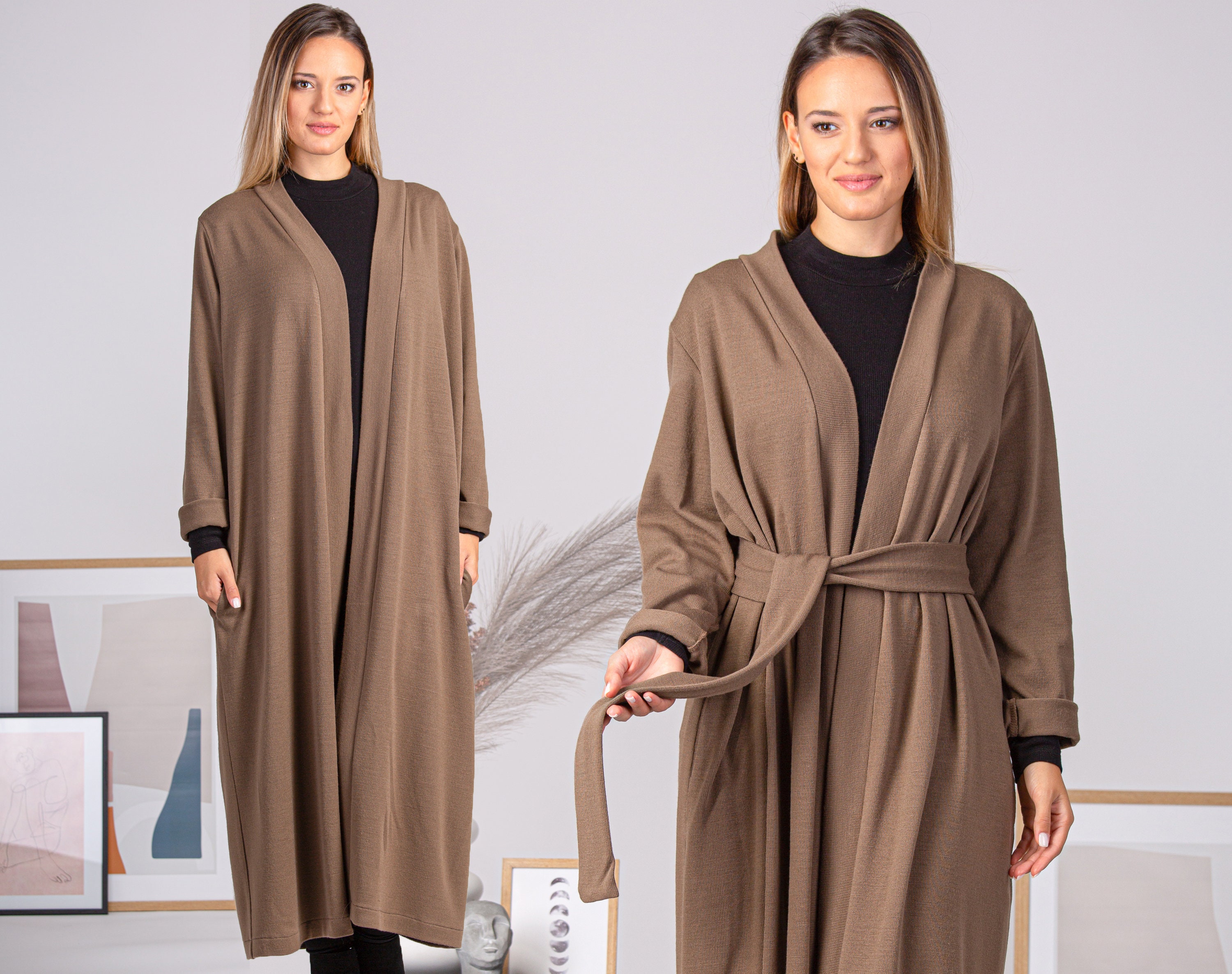 nikkaplace Brown Wool Maxi Cardigan with Tie Belt, Comfy Wrap Cardigan with Pockets, Minimalist Plus Size Clothing, Long Elegant Cardigan