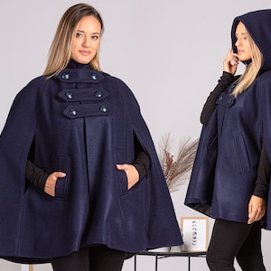 Navy Blue Riding Poncho Cape Coat, Plus Size Short Cloak, Winter Jacket Coat, Vintage Style Hooded Poncho, Elegant Petite Cloak with Pockets