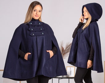 Marineblauer Reitponcho-Kap-Mantel, plus Größe kurzer Umhang, Winterjacke-Mantel, Vintage-Stil-Kapuzen-Poncho, eleganter zierlicher Mantel mit Taschen