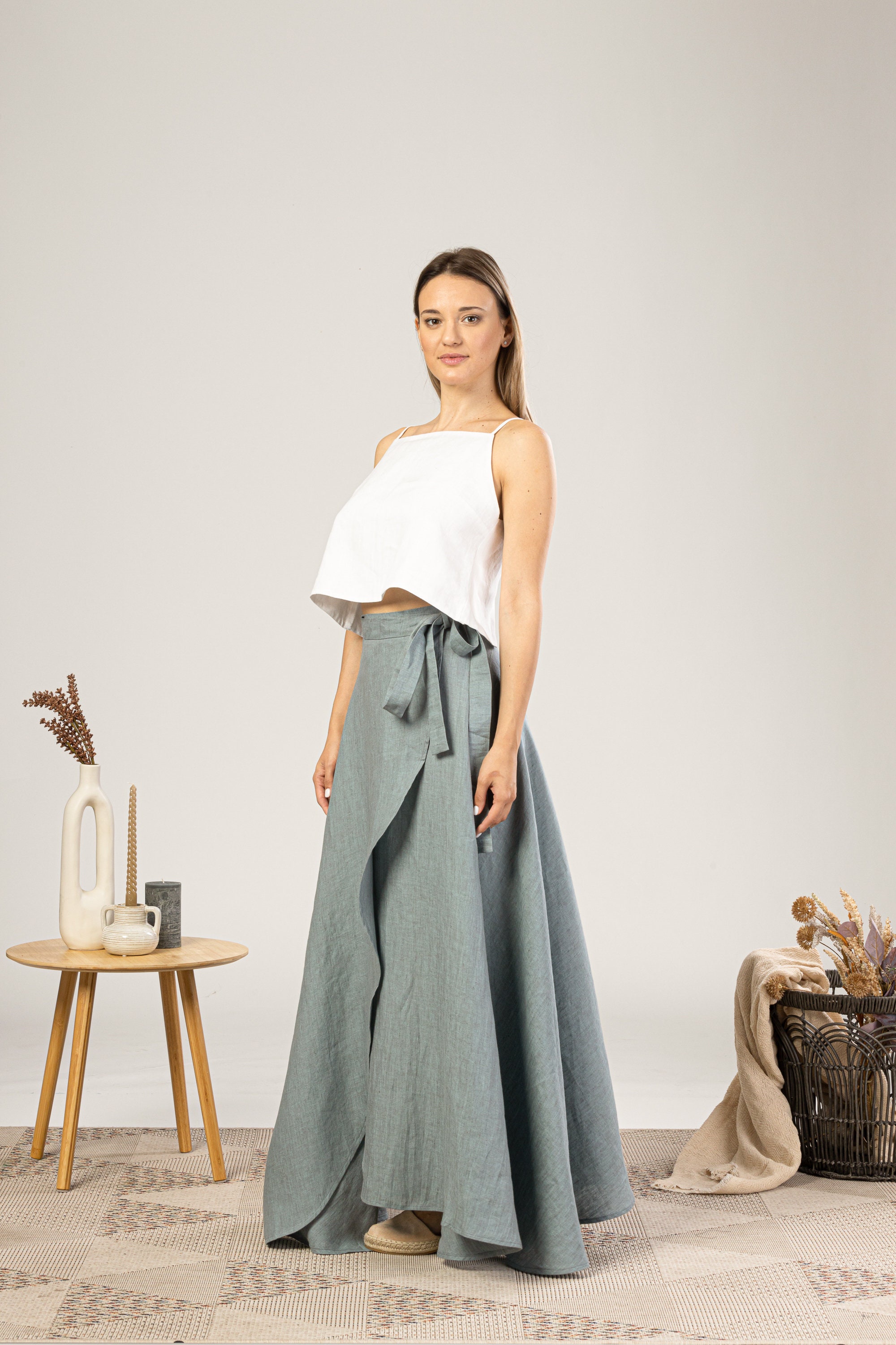 Feminine Dusty Blue Linen Tulip Skirt With Ties, Extravagant