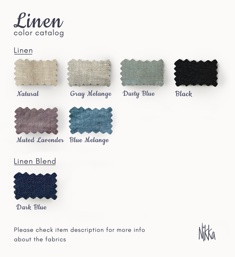 K&ouml;nnte beinhalten: Ein Farbkatalog f&uuml;r Leinen mit Stoffmustern in verschiedenen Farben. Farben sind Natur, Graumelange, Staubblau, Schwarz, ged&auml;mpftes Lavendel, Blaumelange und Dunkelblau. Der Text "Linen" und "Linen Blend" sind angezeigt.