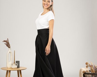 Flowy Black Cotton Maxi Skirt Pleated Elegant Summer Black Skirt Fit and Flare Edwardian Walking Skirt Victorian Style Ladies Long Skirt Etsy