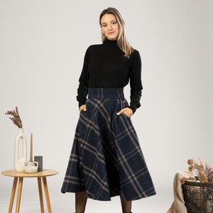 Tartan Wool Midi Skirt, High Waist Plaid Skirt, Plus Size Winter Skirt, Check Bell Circle Skirt, Wool Walking Skirt, 1940s Style Skirt image 3