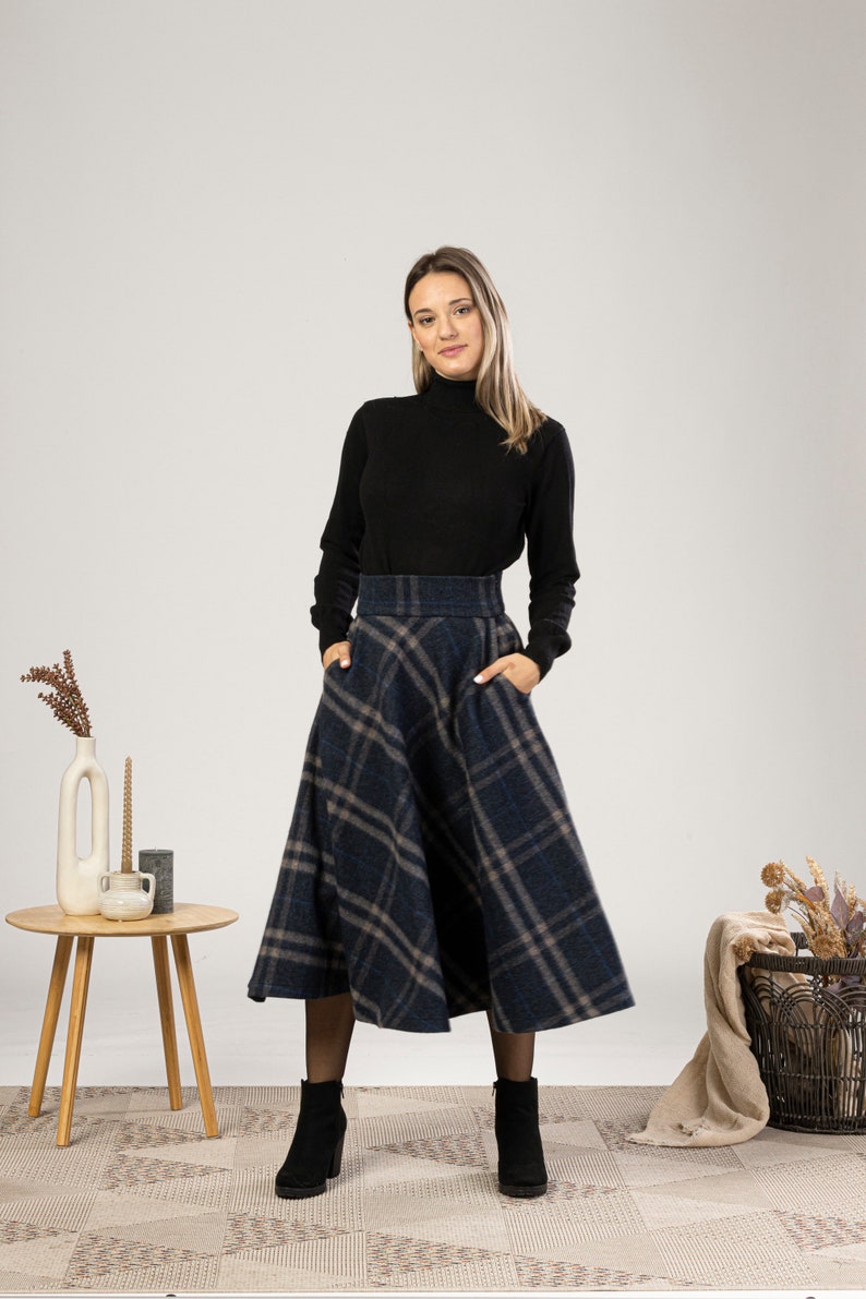 Tartan Wool Midi Skirt, High Waist Plaid Skirt, Plus Size Winter Skirt, Check Bell Circle Skirt, Wool Walking Skirt, 1940s Style Skirt image 3