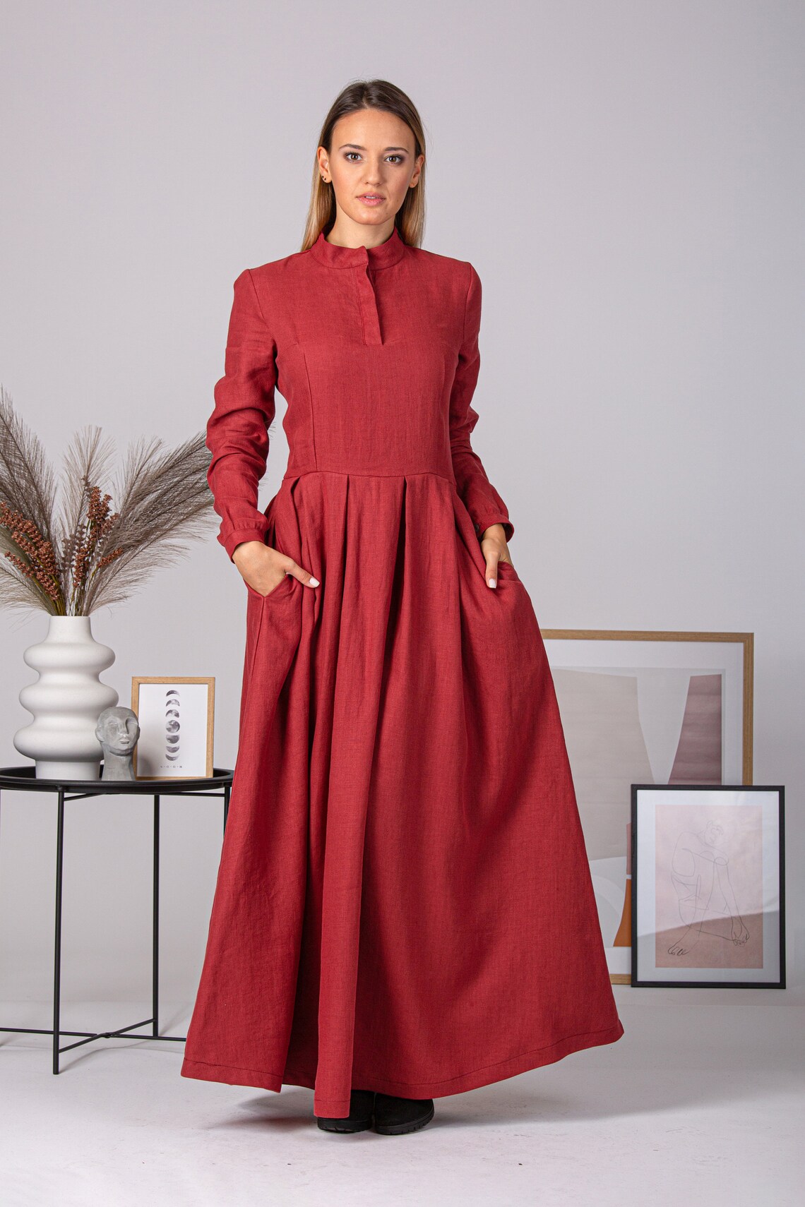 Red Linen Prairie Dress Long Sleeve Cottagecore Maxi Dress - Etsy