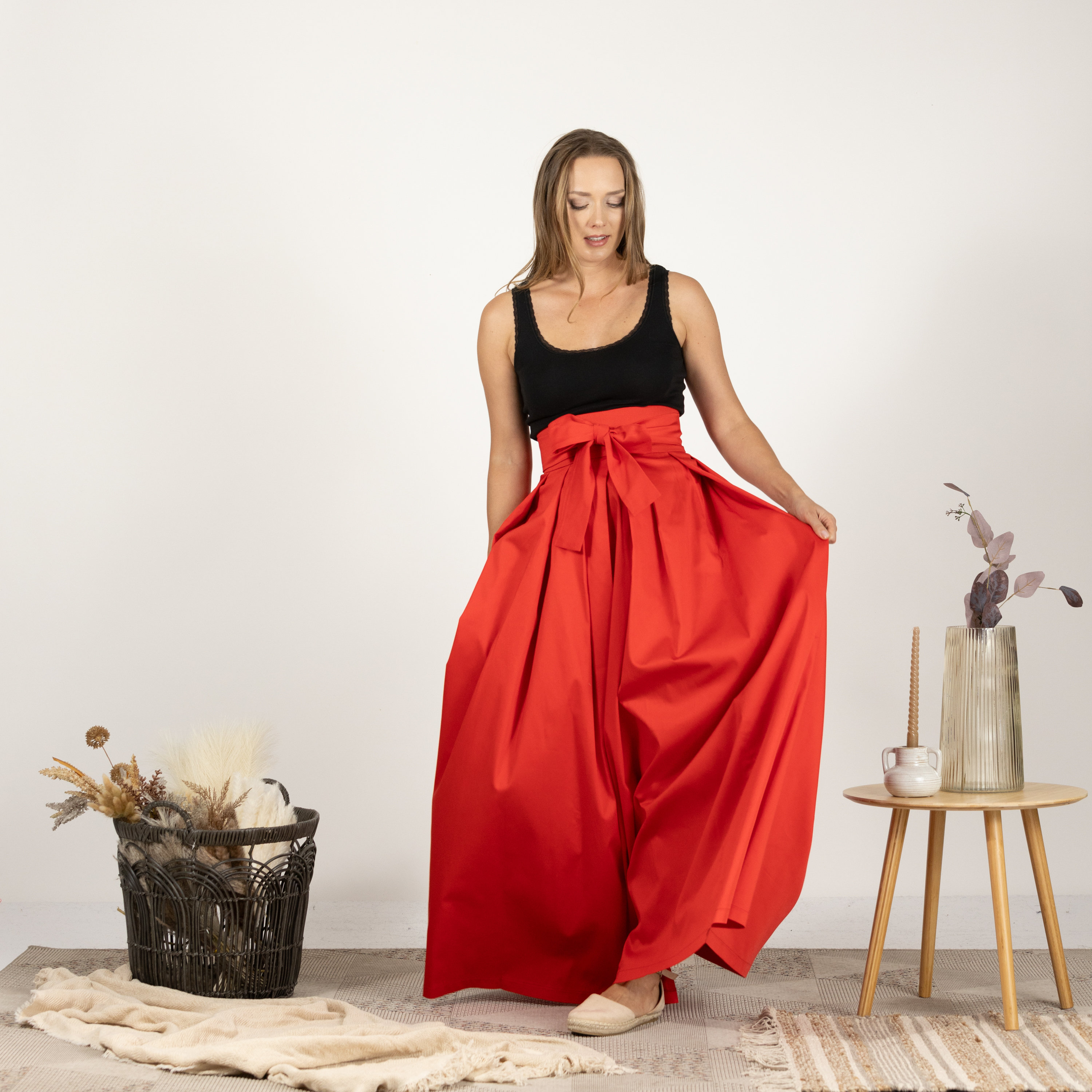 AIBEIX Women's High Waist Wrap Maxi Skirt - Pleated Full Wing Skirt With Tie Front