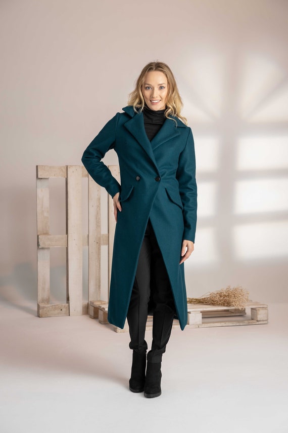 Structured Geometric Waisted Coat, Long Wool Teal Coat, Minimalist Winter Overcoat, Christmas Wife Gift, Maxi Oversized Coat, Formal Jacket