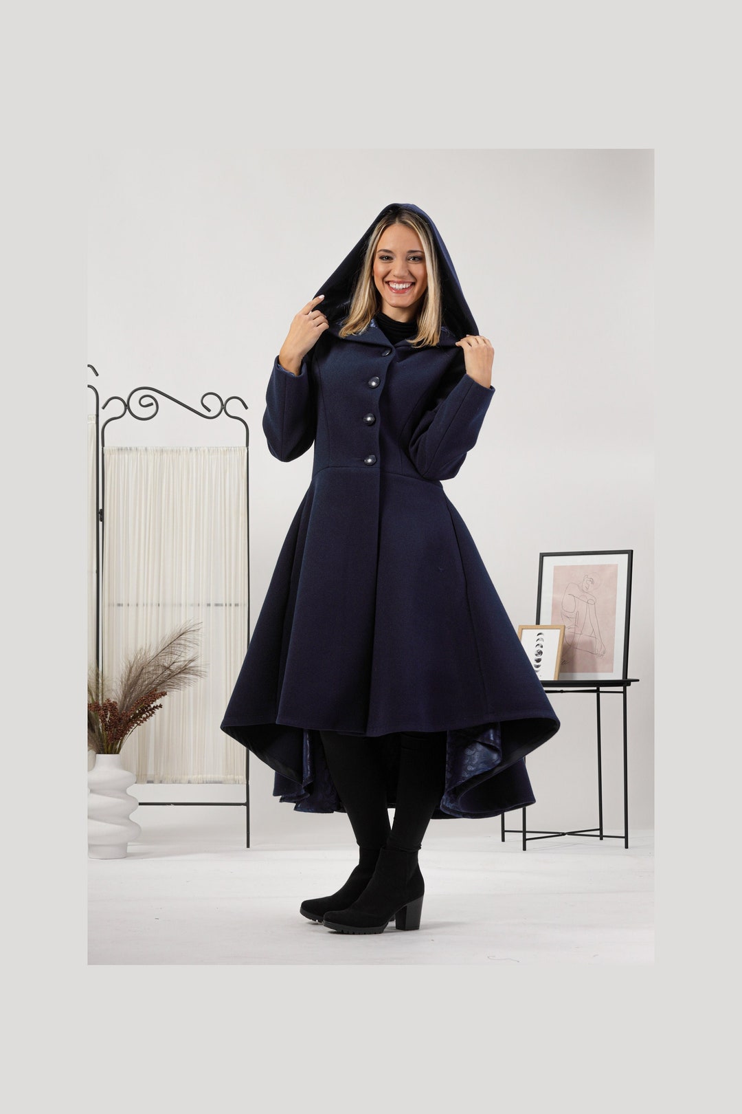 A-line Princess Coat, Hooded Wool Flared Coat, Plus Size A-line Princess Coat, Hooded Wool Flared Coat, Plus Size