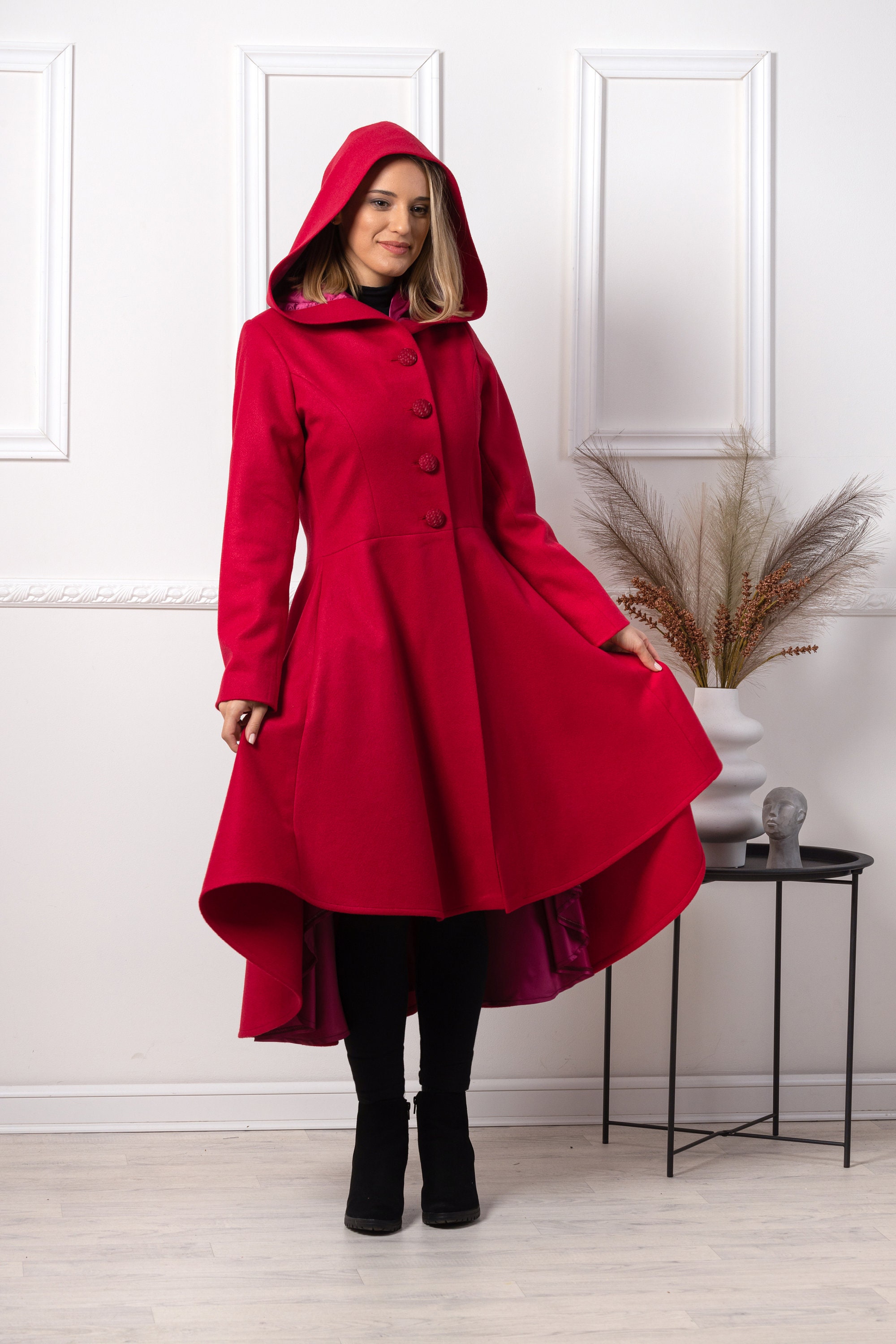 A-line Princess Coat, Hooded Wool Flared Coat, Plus Size Coat, Wool Maxi  Coat, Long Coat With Hood, Navy Swing Coat,winter Gothic Style Coat 