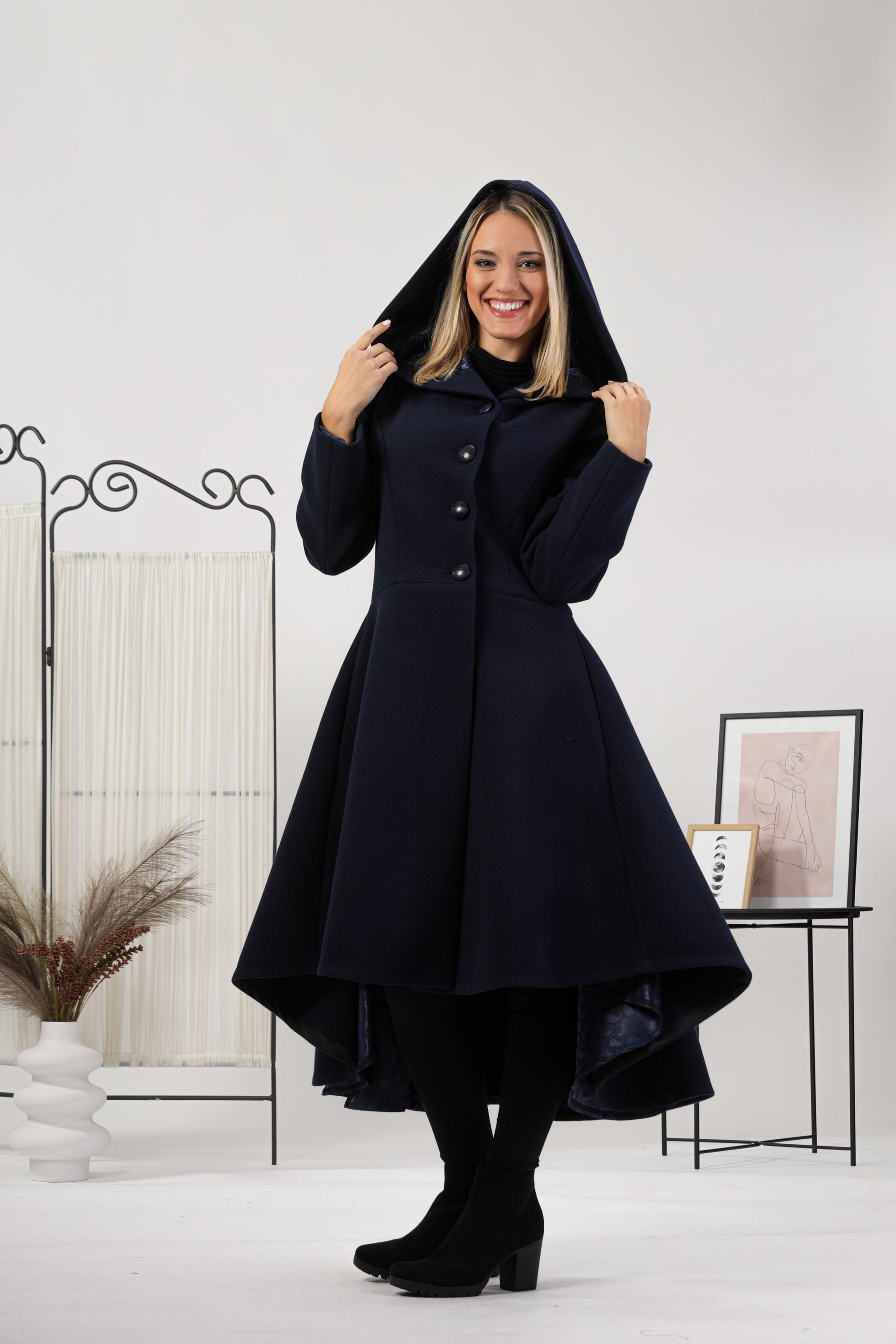 Waist Line Feminine Wool Overcoat With Big Hood, Warm Lined Waist Line Feminine Wool Overcoat With Big Hood, Warm Lined