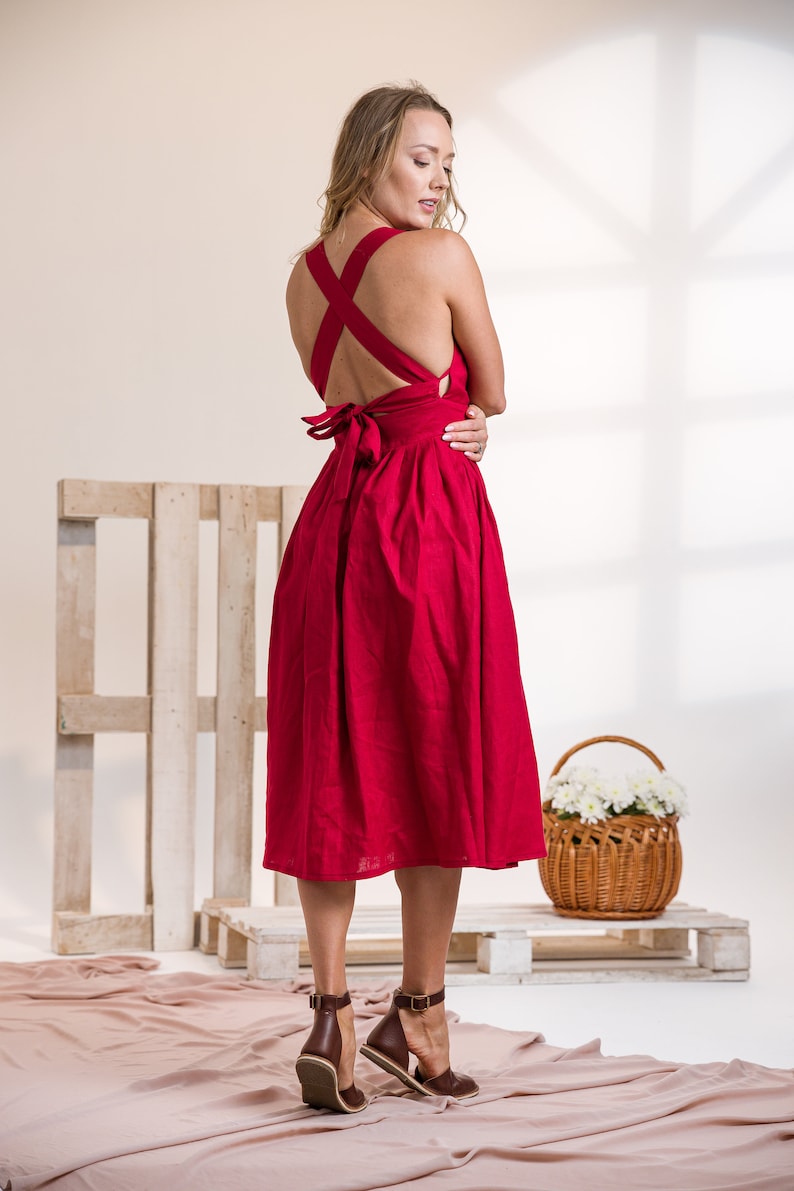 Red Linen Dress Romantic Dress Cocktail Dress Linen Flare Etsy