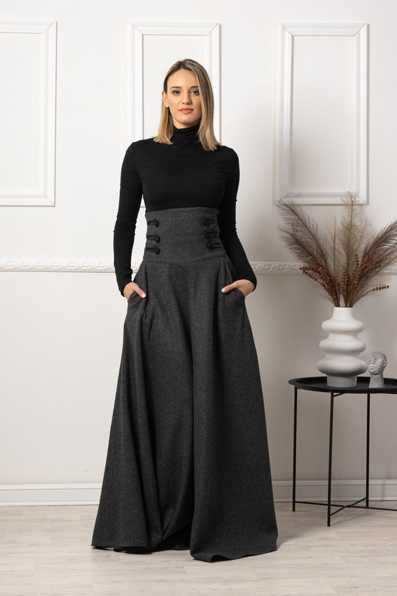 High Waisted Wool Maxi Skirt, Long Winter Skirt With Pockets