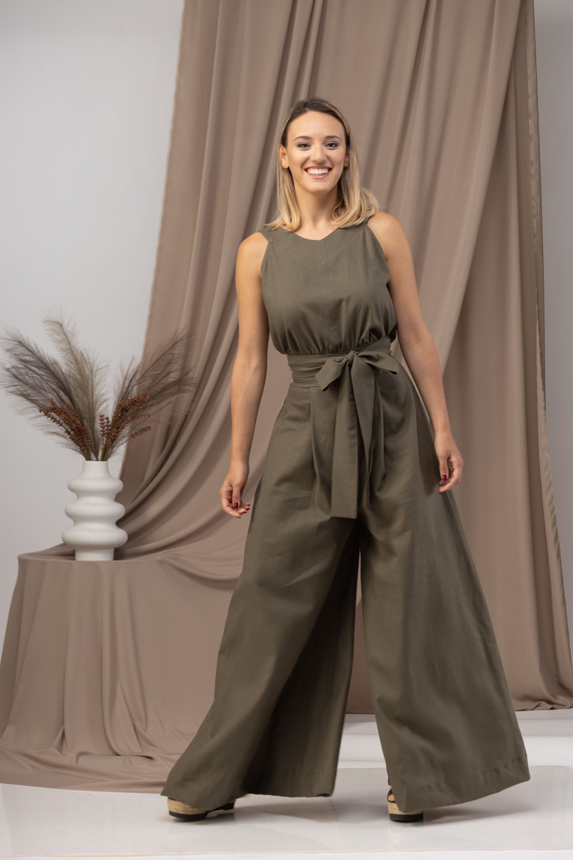 Wedding Guest Jumpsuit, Elegant Formal Outfit, Maxi Summer Linen Jumpsuit,  Palazzo Wide Leg Overalls, Fit and Flare Linen Party Jumpsuit