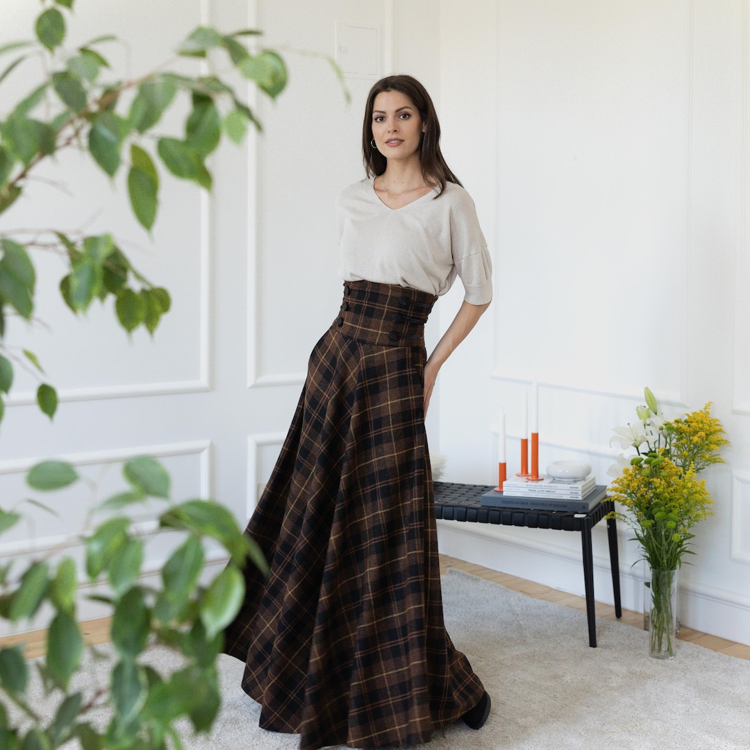 Dark Brown Plaid Skirt, Ultra High Waist Wool Skirt, Maxi A-line