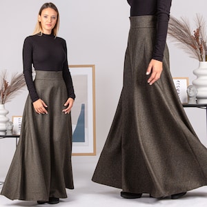 Wool High Waisted Maxi Skirt, Long Formal Circle Skirt, Vintage Style Fit and Flare Skirt, Warm Winter Edwardian Walking Skirt with Pockets