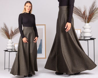 Wool High Waisted Maxi Skirt, Long Formal Circle Skirt, Vintage Style Fit and Flare Skirt, Warm Winter Edwardian Walking Skirt with Pockets