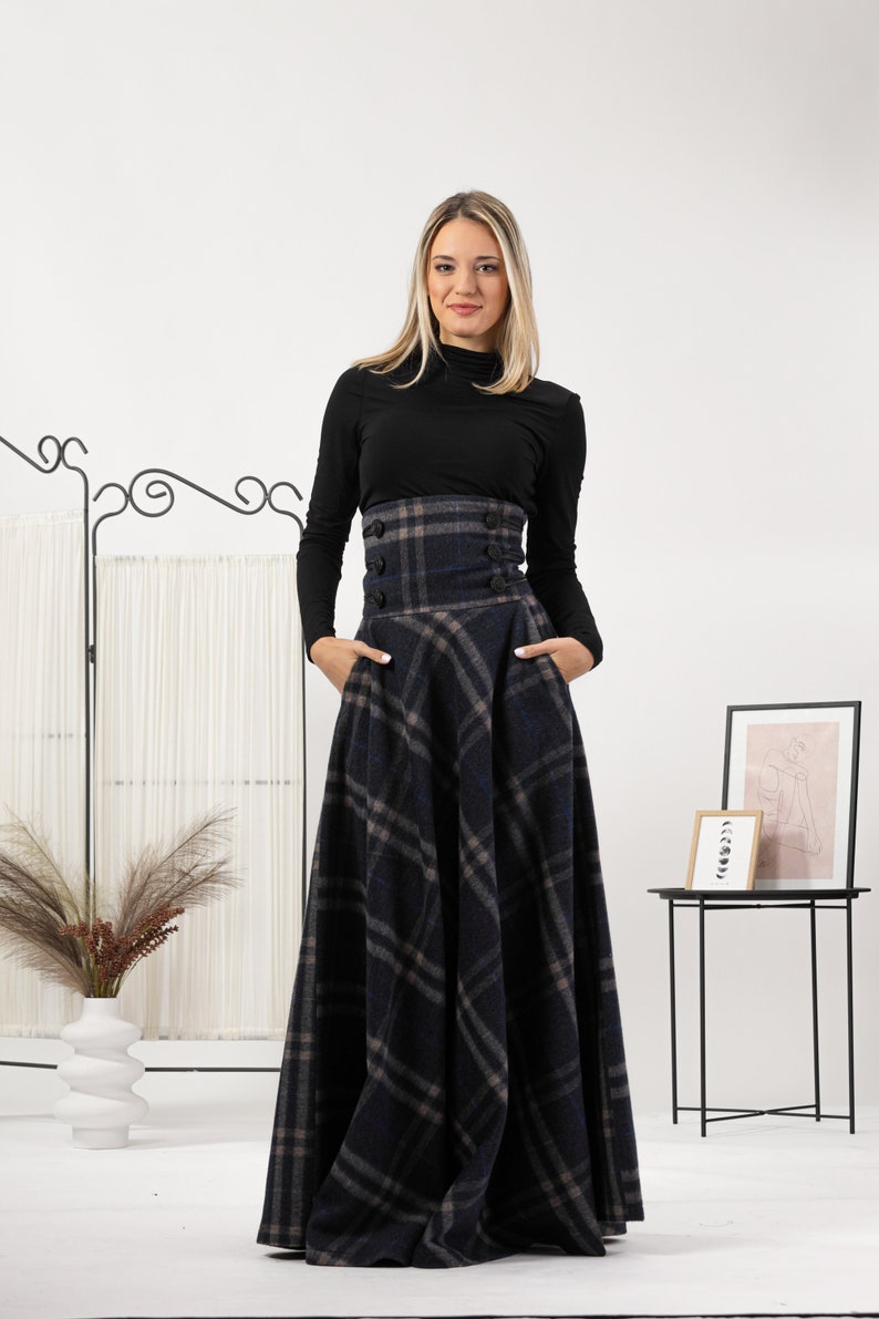 Tartan Plaid Edwardian Skirt, Wool Walking Skirt, Outlander Wool Skirt, Scottish Style Maxi Skirt, Dark Academia Long Winter Riding Skirt image 2
