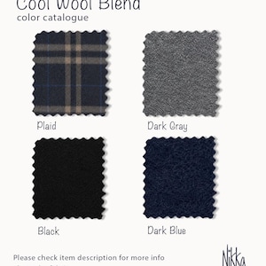 May include: A colour catalogue displaying four fabric swatches labelled "Plaid", "Dark Gray", "Black", and "Dark Blue". The text "Cool Wool Blend" and "color catalogue" are at the top. The bottom text reads "Please check item description for more info about the fabric".