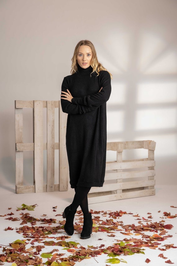 Wool Black Sweater Dress With Turtleneck, Winter Pullover Dress