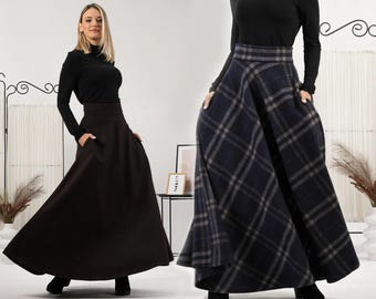 Edwardian-Inspired Soft Wool Ankle Length Skirt, Maxi Waistline Grace Skirt, Black Walking Pockets Skirt, Winter A Line Plus Size Skirt