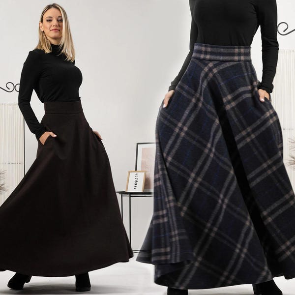 Edwardian-Inspired Soft Wool Ankle Length Skirt, Maxi Waistline Grace Skirt, Black Walking Pockets Skirt, Winter A Line Plus Size Skirt