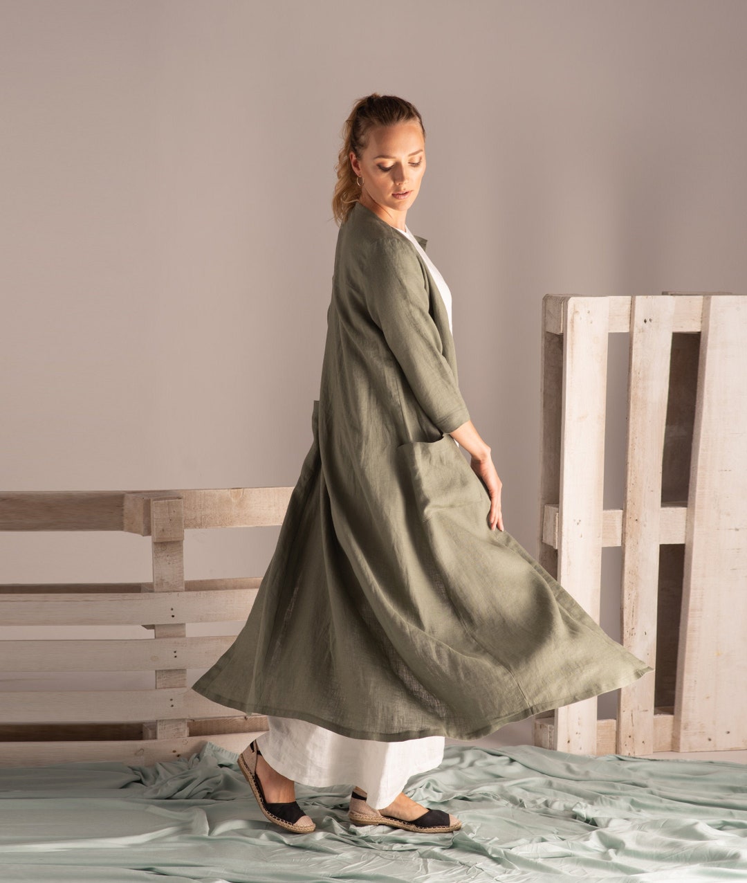 Linen Duster Coat for Summer, Long Open Front Linen Cardigan