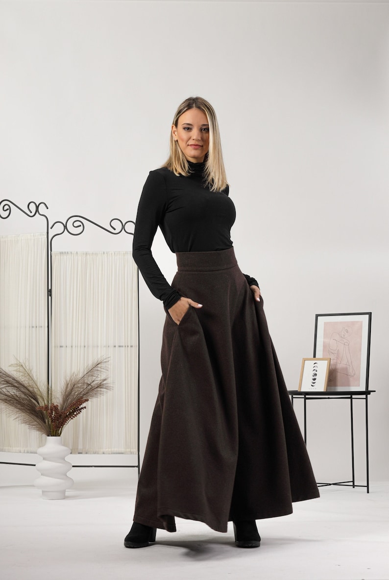 Edwardian-Inspired Soft Wool Ankle Length Skirt, Maxi Waistline Grace Skirt, Black Walking Pockets Skirt, Winter A Line Plus Size Skirt Dark Chocolate