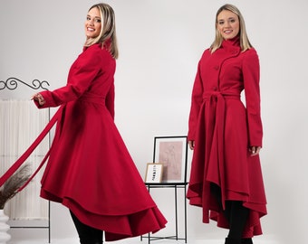 Woolen Flowy Fit and Flare Draped Skirt Coat, High Collar Buttons Overcoat for Winter, Belted Princess Cut Jacket Coat, High Low Wool Coat